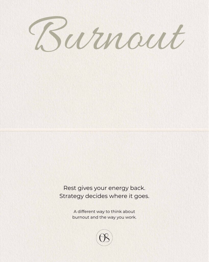 Burnout is a strategy problem, with the message “Rest gives your energy back. Strategy decides where it goes.